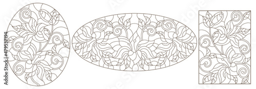 A set of contour illustrations in the style of stained glass with compositions of lilies, flowers isolated on a white background