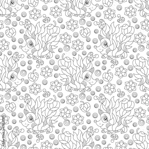 Seamless pattern with cute dark contour cartoon hedgehogs  outline animals and flowers on a white background