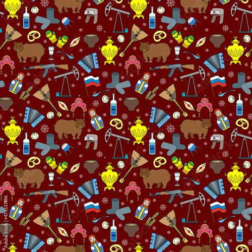 Seamless pattern on the theme of travel in the country of Russia, colored cartoon icons  on a red background photo