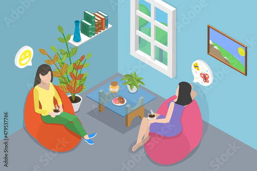 3D Isometric Flat Vector Conceptual Illustration of Drinking Tea With Friend, Spending Time Together Having Friendly Conversation