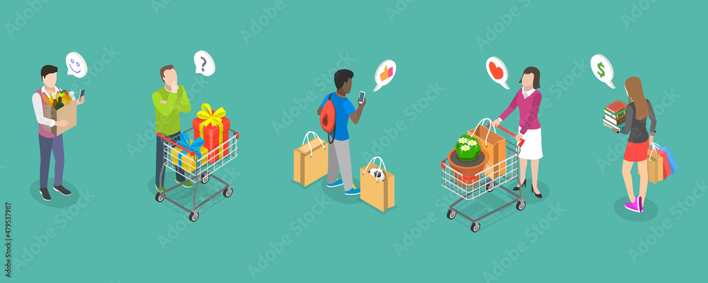 3D Isometric Flat Vector Conceptual Illustration of Set of Buyers with Shopping Attributes, Modern Consumers Collection 3D Isometric Flat Vector Conceptual Illustration of Set of Buyers with Shopping Attributes, Modern Consumers Collection