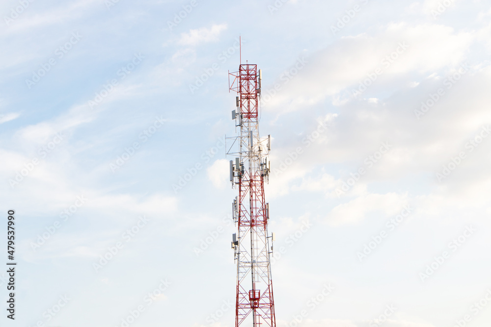 Signal tower Telecommunication modern technology with 5G,4G.  Modern internet signal technology. cellular network tower or Antenna of Communication Building on city and on white sky cloud  background.