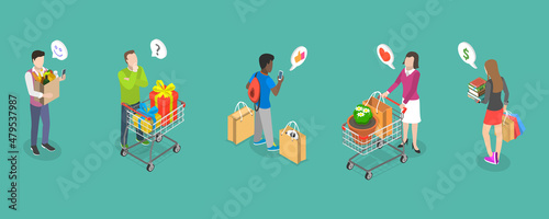 3D Isometric Flat Vector Conceptual Illustration of Set of Buyers with Shopping Attributes, Modern Consumers Collection