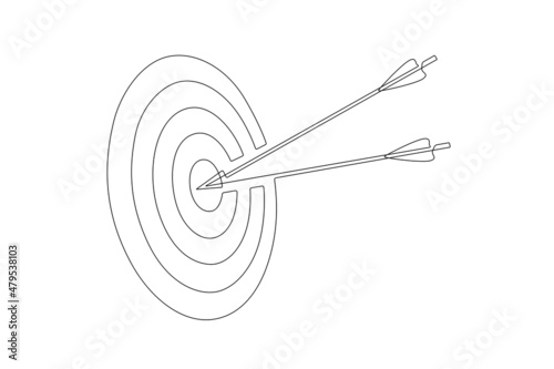 Continuous one line drawing of Target with two arrows hit to center of dartboard. Success achieve concept and goal on bullseye in simple linear style. Editable stroke. Doodle vector illustration