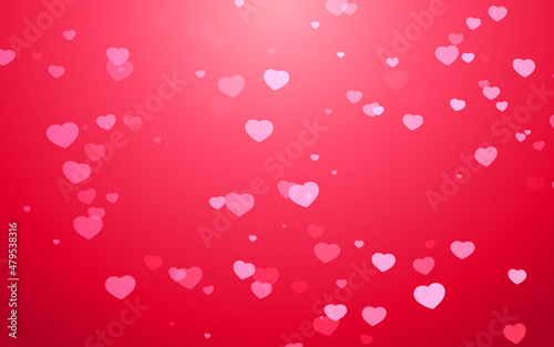 Valentine day pink hearts light on red background.