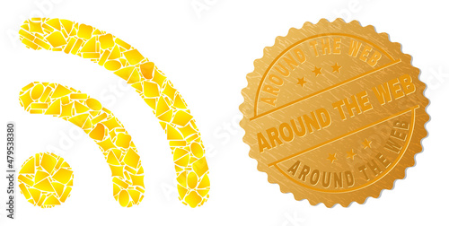 Golden collage of yellow elements for Wi-Fi internet icon, and golden metallic Around the Web stamp. Wi-Fi internet icon mosaic is composed of randomized gold elements.