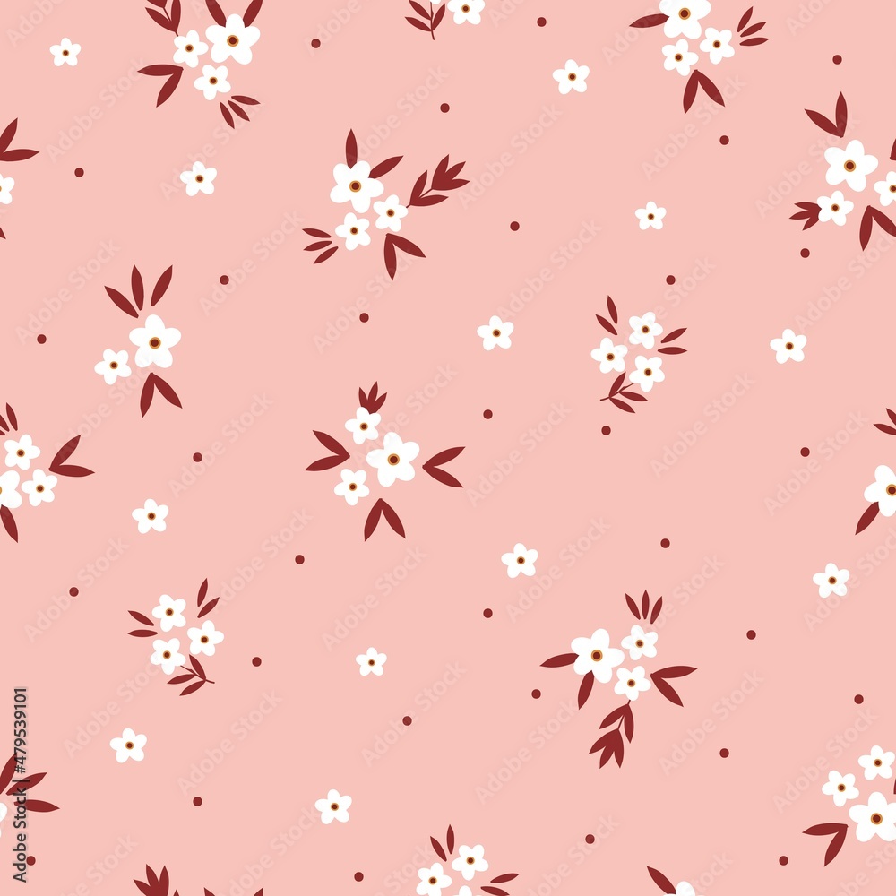 Beautiful vintage pattern. Small white flowers and dark leaves. Pink background. Floral seamless background. An elegant template for fashionable prints.