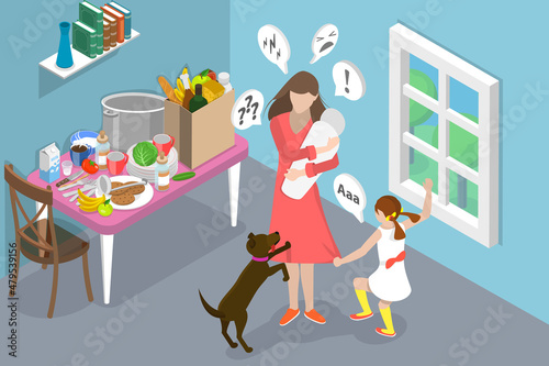3D Isometric Flat Vector Conceptual Illustration of Emotional Burnout Of Mom, Motherhood Routine Depression