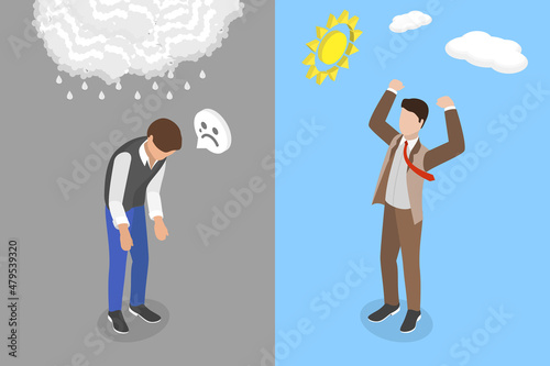 3D Isometric Flat Vector Conceptual Illustration of Sad And Happy Mood, Depressed and Desperate VS Cheerful and Hopeful person