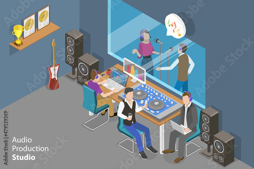 3D Isometric Flat Vector Conceptual Illustration of Audio Production Studio, Music and Recording Industry