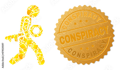 Golden mosaic of yellow fractions for key burglar icon, and golden metallic Conspiracy stamp seal. Key burglar icon mosaic is done of random gold spots.