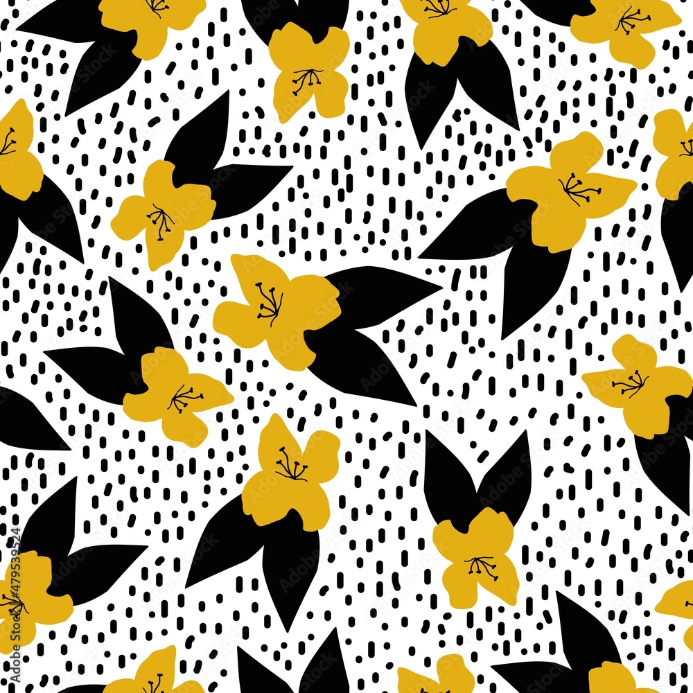 Obraz premium Beautiful vintage pattern. Yellow flowers, black leaves and dots. White background. Floral seamless background. An elegant template for fashionable prints.