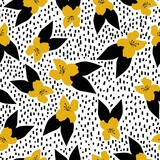 Beautiful vintage pattern. Yellow flowers, black leaves and dots. White background. Floral seamless background. An elegant template for fashionable prints.