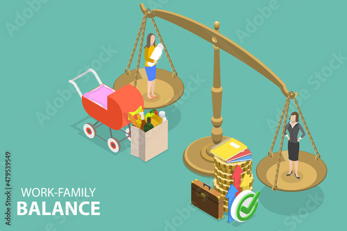 3D Isometric Flat Vector Conceptual Illustration of Work-family Balance, Difficult Choice and Life Dilemma