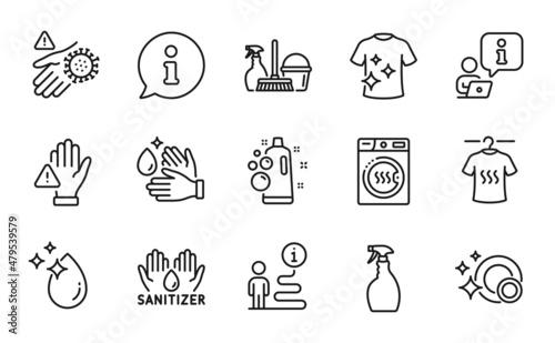Cleaning icons set. Included icon as Dryer machine, Water drop, Wash hands signs. Household service, Dry t-shirt, Spray symbols. Dont touch, Wash hand, Clean bubbles. Clean t-shirt. Vector