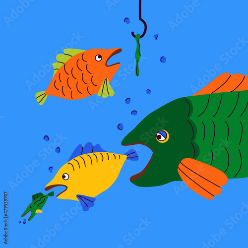 Bigger fish eat smaller fish. Fish is caught with hook. Food chain, survival, monopoly, competition. Business concept - the stronger wins the weaker. Cartoon vector illustration big and small fishes