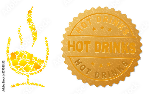 Golden combination of yellow elements for wine aroma icon, and gold metallic Hot Drinks seal. Wine aroma icon collage is designed of randomized golden elements.