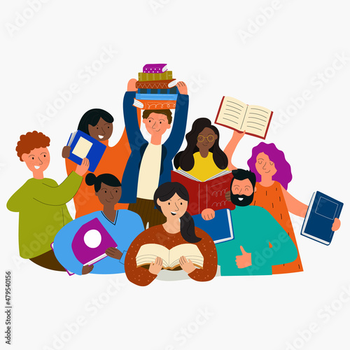 Bookcrossing concept. Happy people exchanging, borrowing and recommending paper books. Modern illustration of book lovers, readers, literature fans isolated on white background. Vector