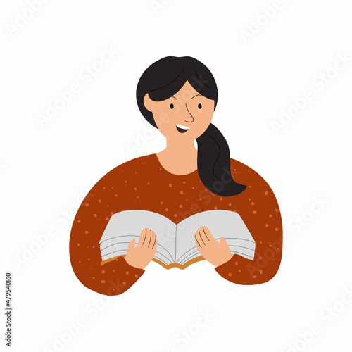 A woman reading or student studying and preparing for examination. Modern illustration of book lover, reader, literature fan isolated on white background. Flat vector design
