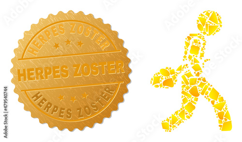 Golden composition of yellow items for guy steal sperm icon, and golden metallic Herpes Zoster watermark. Guy steal sperm icon composition is composed of scattered gold items.