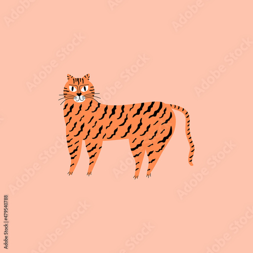 Cute ginger tiger hand drawn vector illustration. Wild big cat. Funny safari animals. Symbol of the year 2022.