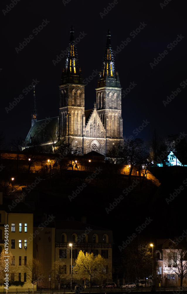 Prague at night, Basilica of Saints Peter and Paul in Vysehrad, cityscape