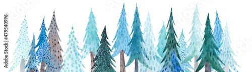 Obraz Watercolor panorama of the fir forest. Magical winter forest. Watercolor illustration. Forest of blue firs.