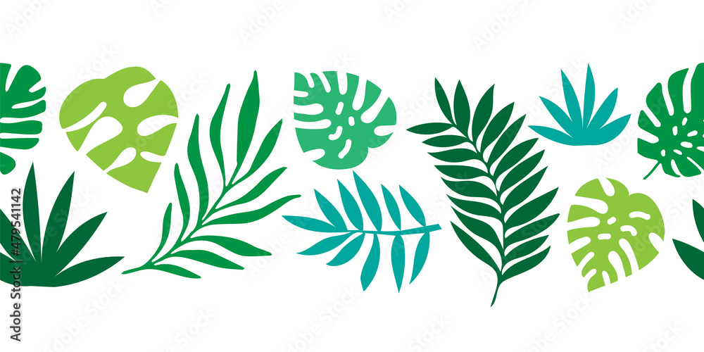 Tropical palm leaves seamless vector border. Exotic nature flat repeating pattern. Jungle florals. Monstera, Philodendron, and Areca palm leaf. For card decor, footer, summer decoration