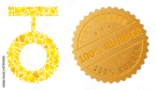 Golden composition of yellow spots for tire swing icon, and golden metallic 100% Rubber stamp seal. Tire swing icon collage is composed of randomized golden items.