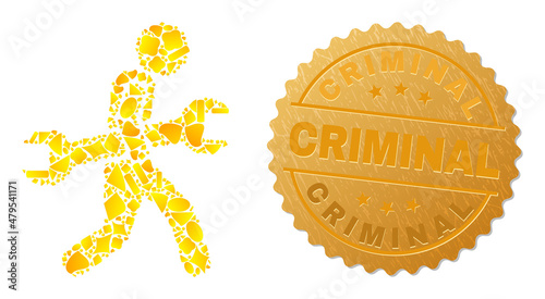 Golden collage of yellow elements for thief steal wrench icon, and golden metallic Criminal seal. Thief steal wrench icon collage is created of randomized gold.
