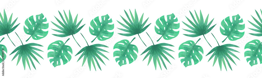 Tropical seamless border palm leaves. Exotic hand drawn watercolor palm leaf shapes repeating pattern. Jungle florals. Monstera, Philodendron, Areca palm leaf. For card decor, footer, summer decor.