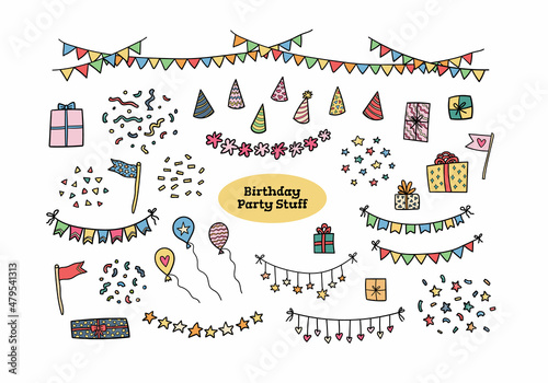 Set of birthday party decor elements. Doodle style colorful flag garlands, birthday caps, greeting gift boxes, balloons, flags and confetti fireworks. Cute hand drawn isolated vector illustration.