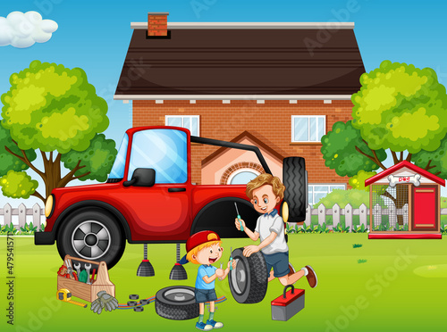 Outdoor scene with dad and son fixing a car together
