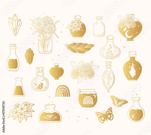 Mason jar golden collection. Witchcraft potions, celestial jugs, butterflies and mystical flowers isolated set. Hand drawn vector illustration in boho style.