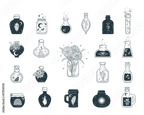 Mason jar celestial collection. Witchcraft potions, jugs, butterflies and mystical flowers isolated set. Hand drawn vector illustration in boho style.