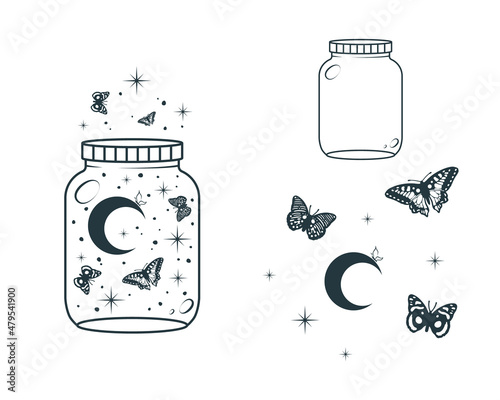 Celestial mystical jars with moon, stars and butterfly. Esoteric  design elements   isolated on white. Vector illustration in boho style.