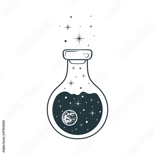 Celestial jar with a magic elixir of stars and planet. Esoteric  design element. Hand drawn vector illustration for witchcraft.