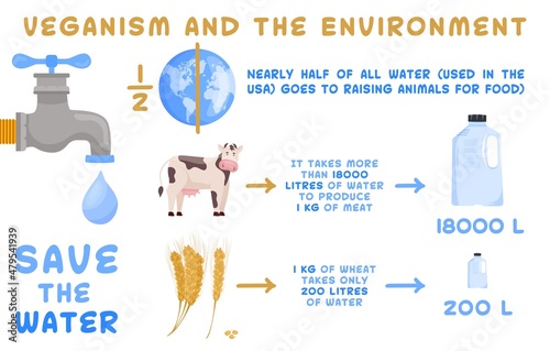Veganism and the environment. Global warming infographics.