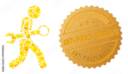 Golden collage of yellow parts for guy steal wrench icon, and golden metallic Anti-Piracy Warning stamp. Guy steal wrench icon collage is organized of scattered golden items.