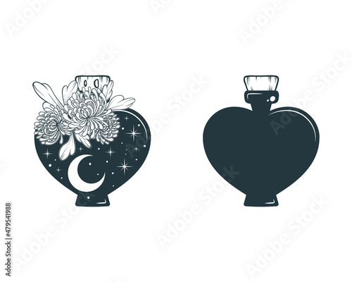 Celestial  jars with moon, stars and chrysanthemums. Hand drawn esoteric design elements isolated on white background. Vector illustration in boho style.