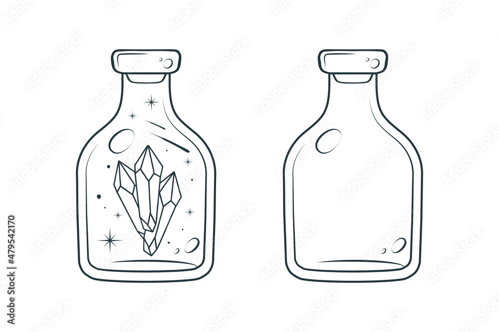 Celestial mason jars with stars and crystal. Magic bottles isolated on white. Hand drawn design elements for wichcraft. Celestial mason jars with stars and crystal. Magic bottles isolated on white. Hand drawn design elements for wichcraft.