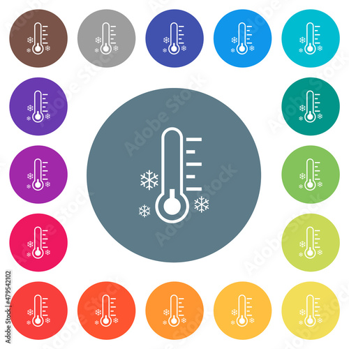 Thermometer frosty temperature flat white icons on round color backgrounds