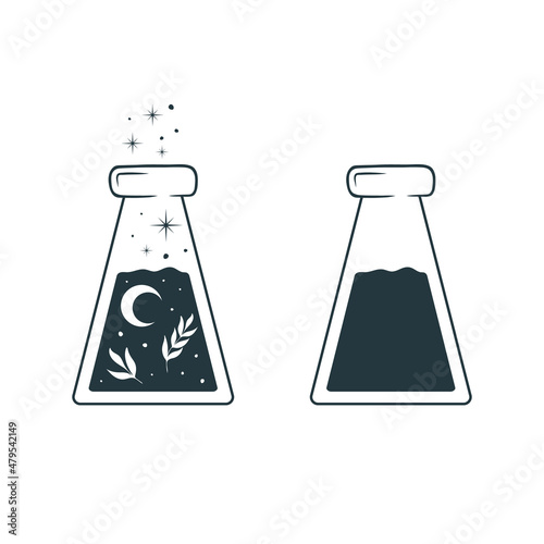 Celestial  jars with moon, stars and twigs. Hand drawn esoteric design elements isolated on white background. Vector illustration in boho style.