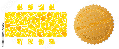 Golden composition of yellow particles for chip icon, and golden metallic We Will Never Forget watermark. Chip icon collage is made of random golden particles.