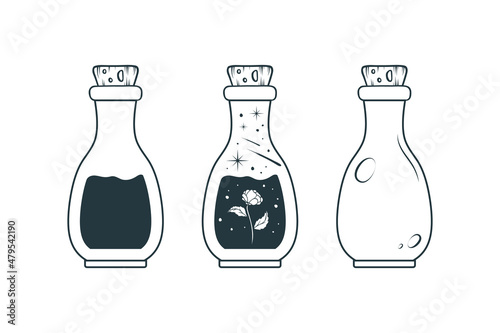 Celestial mason jars with stars and flower. Bottle silhouette with rose isolated on white. Hand drawn vector illustration.