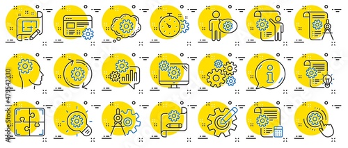 Engineering line icons. Set of Idea bulb, Dividers tools and Blueprint linear icons. Cogwheel, calculate price, mechanical tools. Idea bulb with cog, architect dividers, engineering people. Vector