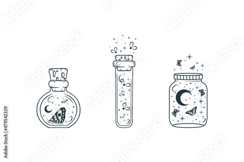 Moon, stars, planets, butterflies and moths  in celestial magic jars. Three esoteric  design elements set. Hand drawn vector illustration in boho style  isolated on white background.