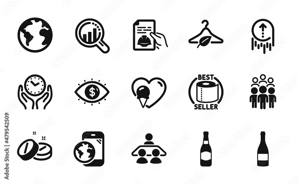 Fototapeta premium Vector set of Swipe up, Business vision and Beer bottle icons simple set. Toilet paper, Mobile internet and Group people icons. Safe time, Ice cream and Slow fashion signs. Vector