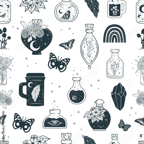 Seamless pattern with witchcraft potions, celestial  jugs, butterflies and mystical flowers. Hand drawn vector witchy background for wrapping paper or textile.