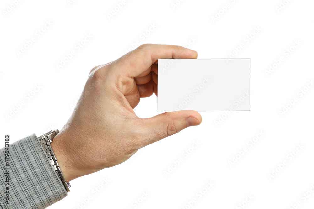 Hand of man holds business card mockup, isolated on white background, close-up Hand of man holds business card mockup, isolated on white background, close-up